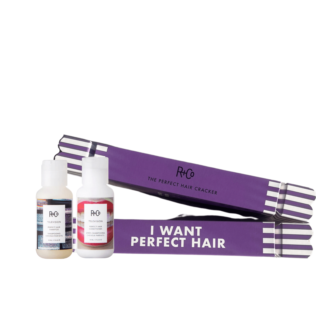 R + Co ' I want perfect hair ' christmas cracker , travel size shampoo and conditioner